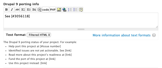 Drupal 9 porting info field on a project